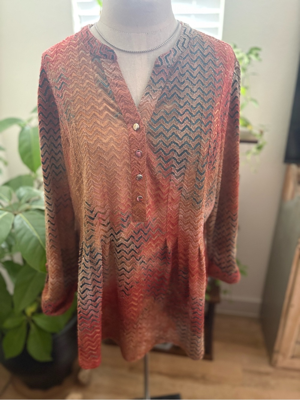 Roz & Ali Rust & Olive Textured Shirt Unique Pleats at Waist Flattering Shape